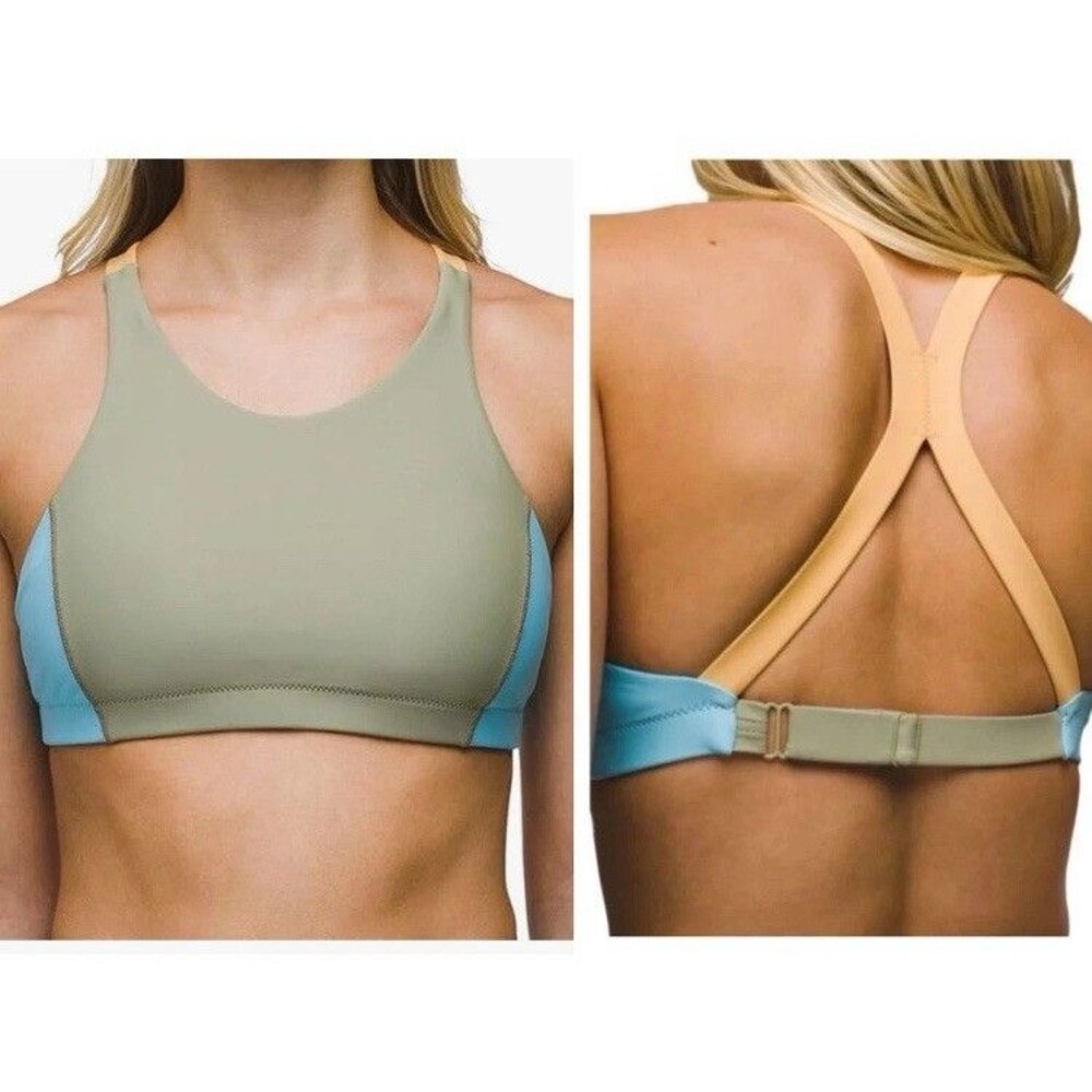 Prana Baja Bound Swim Top Womens Small Sweet Agave Green Color Block Bikini NEW
